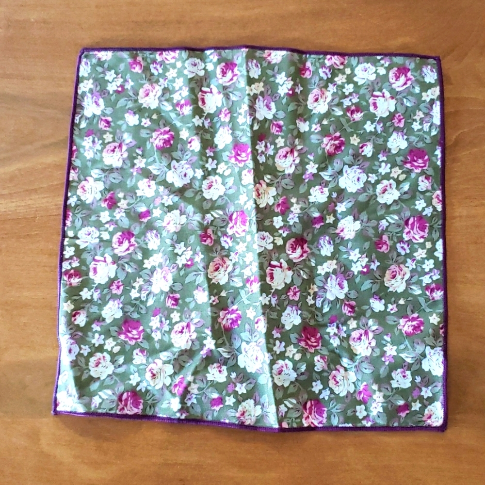 Cotton floral pocket square. 9.5x9.5. Colors(burgundy, olive, tan & white)